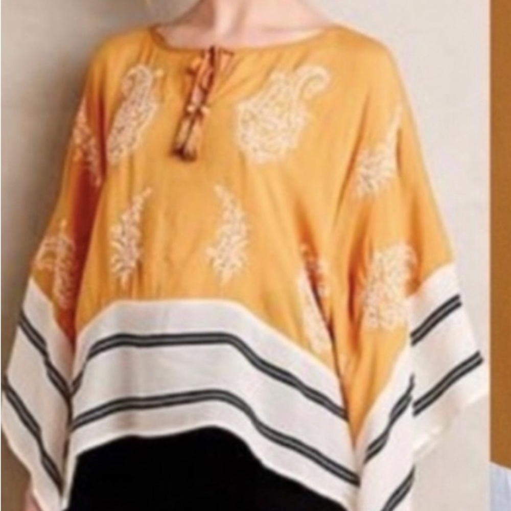 Anthropologie Floreat golden yellow embroidered striped kimono top size XS